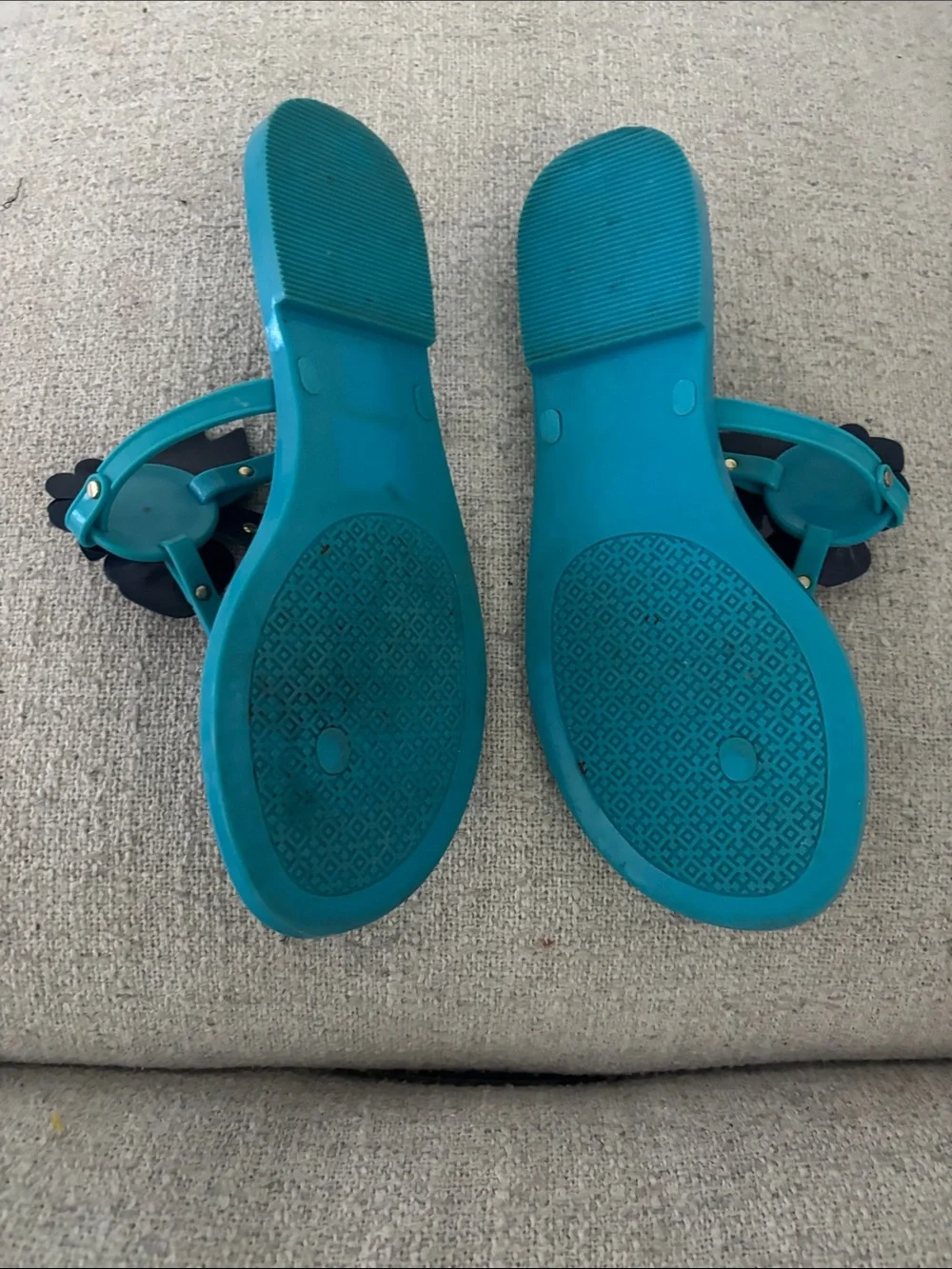 Tory Burch Turquoise Jelly Thong Sandals with Navy Floral Accents